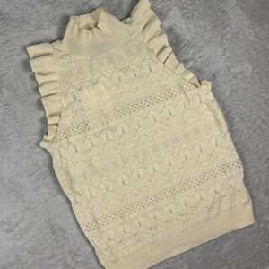 Who What Wear Women's Sleeveless Knit Sweater Size Medium Ivory Ruffle Mock Neck